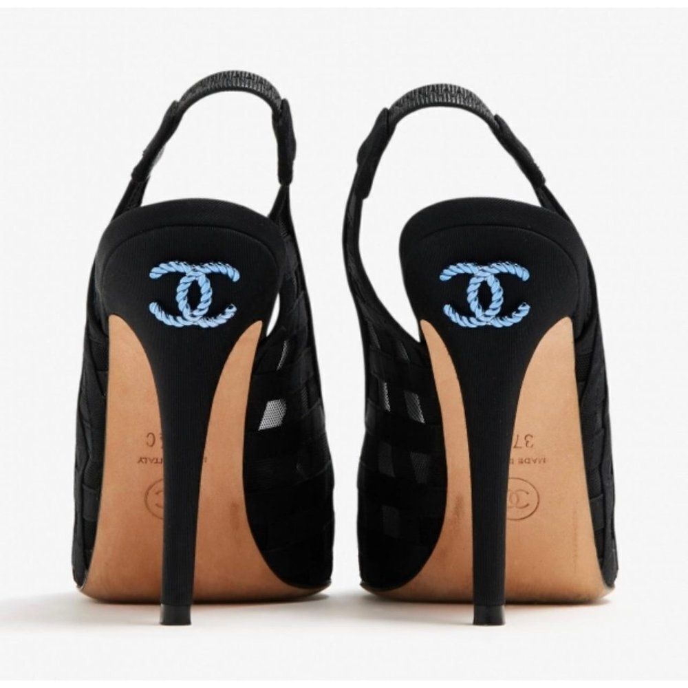 CHANEL Black Diamond Pattern Mesh CC Logo Cap Toe Slingback Sandals Size… - Picture 11 of 15